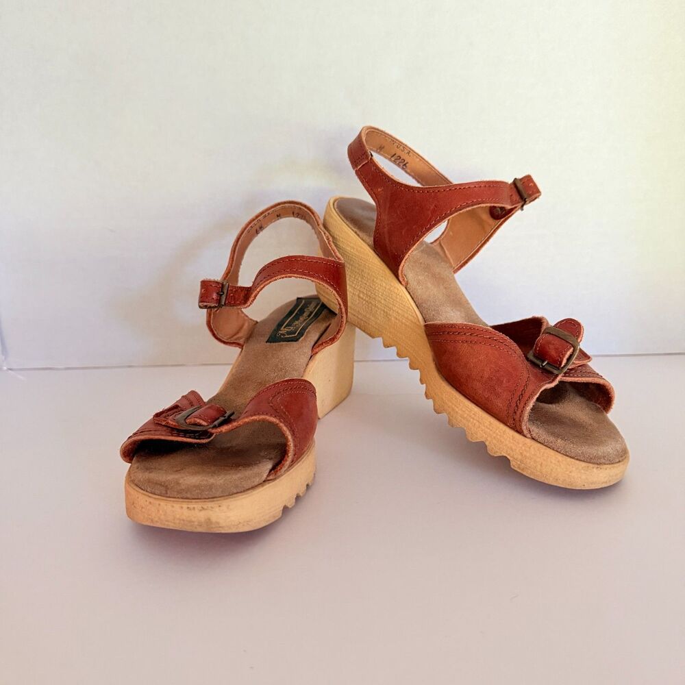 Morgan Quinn VTG 70s Platform Brown Leather Wedge Sandals 8.5 Ankle Strap Buckle - Picture 4 of 9